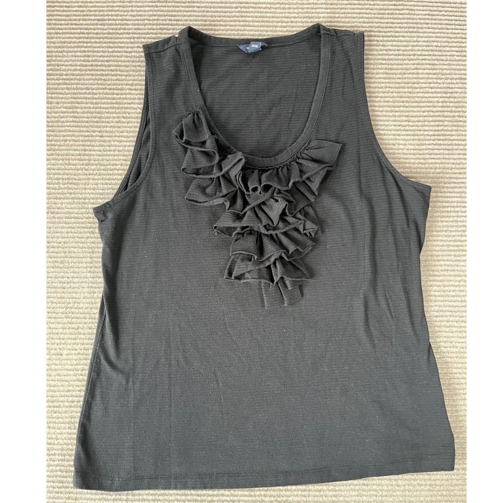 Nautica Womens XL Black Ruffle Front Sleeveless Ribbed Knit Tank Top Scoop Neck